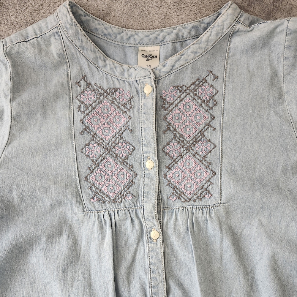 OshKosh B'gosh Chambray Embroidered Long Sleeve Button Down Tunic Blouse Size:14